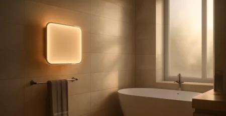Elektrische badkamerkachel gemonteerd aan de muur naast een handdoekrek in moderne badkamer