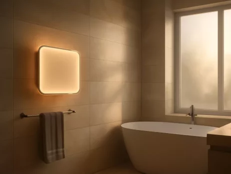 Elektrische badkamerkachel gemonteerd aan de muur naast een handdoekrek in moderne badkamer