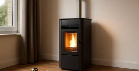 Pelletkachel met rookgasafvoer geïnstalleerd in een moderne woonkamer