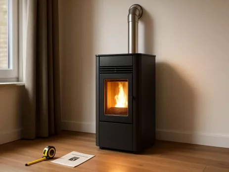 Pelletkachel met rookgasafvoer geïnstalleerd in een moderne woonkamer
