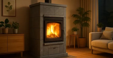 Moderne speksteenkachel in woonkamer met warme sfeerverlichting en duurzame inrichting