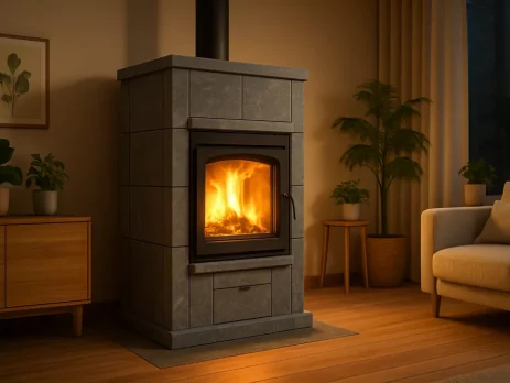 Moderne speksteenkachel in woonkamer met warme sfeerverlichting en duurzame inrichting