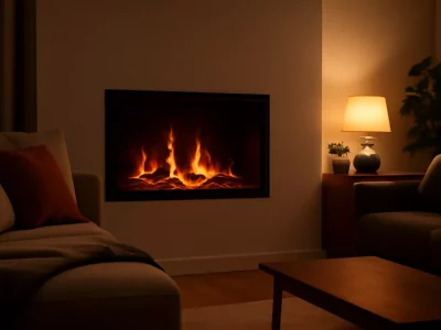 Elektrische haard met vlameffect in een moderne woonkamer met warme sfeerverlichting