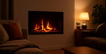 Elektrische haard met vlameffect in een moderne woonkamer met warme sfeerverlichting