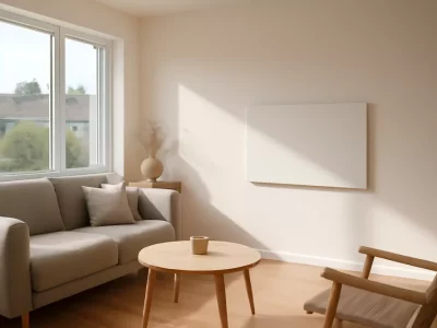 Moderne woonkamer met een elektrische infraroodkachel als hoofdverwarming aan de muur