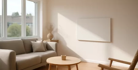 Moderne woonkamer met een elektrische infraroodkachel als hoofdverwarming aan de muur