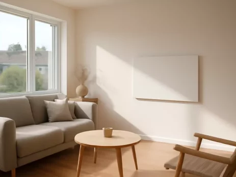 Moderne woonkamer met een elektrische infraroodkachel als hoofdverwarming aan de muur