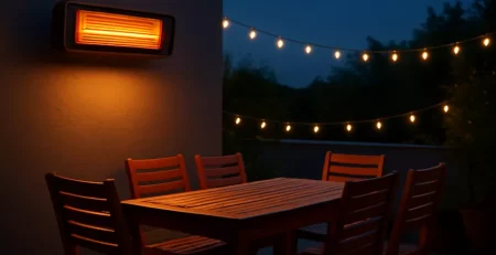 Elektrische infraroodkachel gemonteerd op een veranda boven een houten terrastafelstel