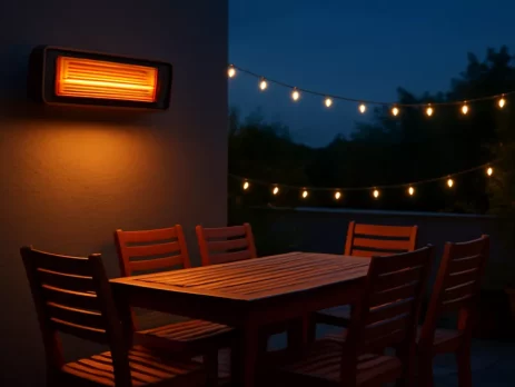 Elektrische infraroodkachel gemonteerd op een veranda boven een houten terrastafelstel