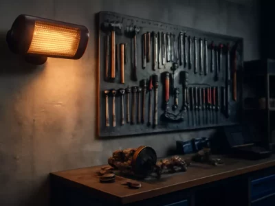 Elektrische kachel gemonteerd in een garage met gereedschap aan de muur