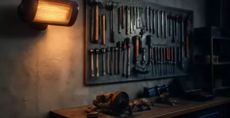 Elektrische kachel gemonteerd in een garage met gereedschap aan de muur