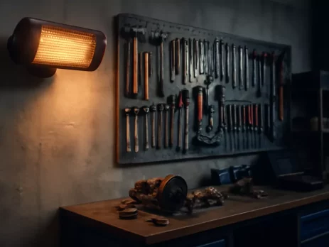 Elektrische kachel gemonteerd in een garage met gereedschap aan de muur