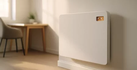 Elektrische kachel met thermostaat aan de muur van een moderne thuiswerkplek