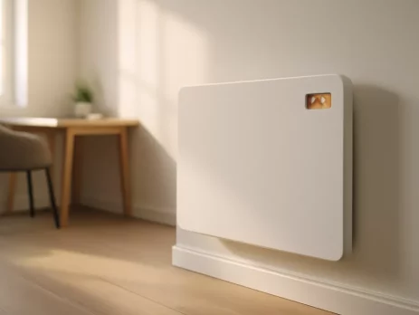 Elektrische kachel met thermostaat aan de muur van een moderne thuiswerkplek