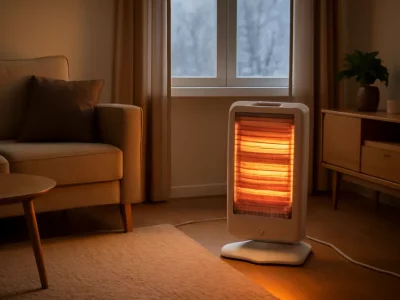 Elektrische kachel in een woonkamer met zichtbare nadelen zoals droge lucht en hoog verbruik