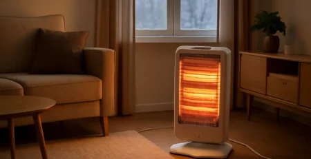 Elektrische kachel in een woonkamer met zichtbare nadelen zoals droge lucht en hoog verbruik