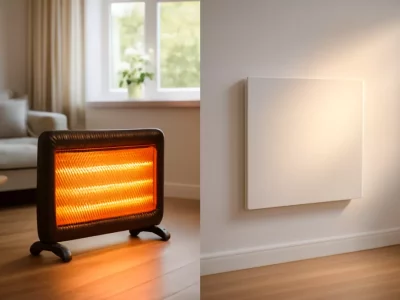 Vergelijking tussen een elektrische kachel en een infrarood verwarmingspaneel in een moderne woonkamer