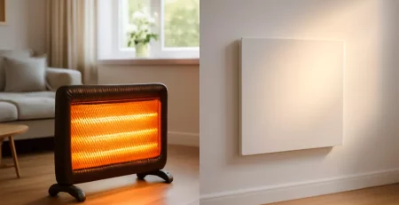 Vergelijking tussen een elektrische kachel en een infrarood verwarmingspaneel in een moderne woonkamer