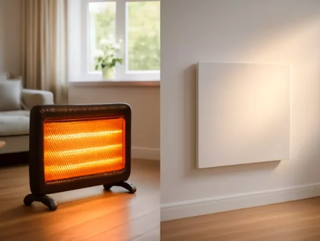 Vergelijking tussen een elektrische kachel en een infrarood verwarmingspaneel in een moderne woonkamer