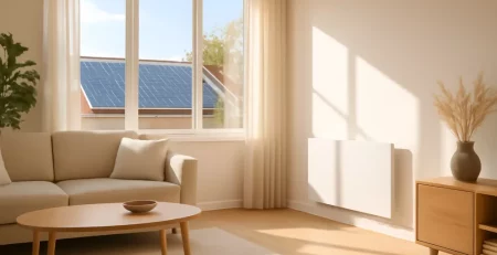 Elektrische kachel op zonnepanelen: moderne woonkamer met zonlicht en zonnepanelen op dak