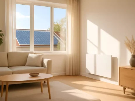 Elektrische kachel op zonnepanelen: moderne woonkamer met zonlicht en zonnepanelen op dak