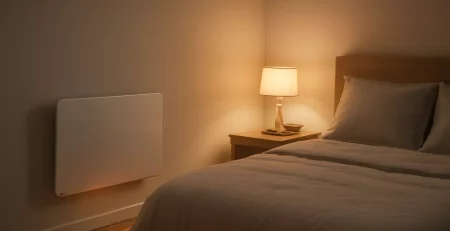 Stille elektrische kachel in een nette slaapkamer met warme sfeerverlichting