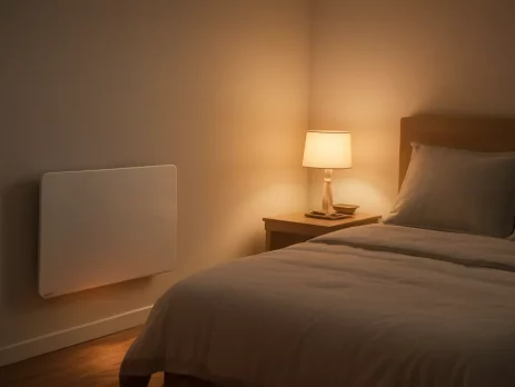 Stille elektrische kachel in een nette slaapkamer met warme sfeerverlichting