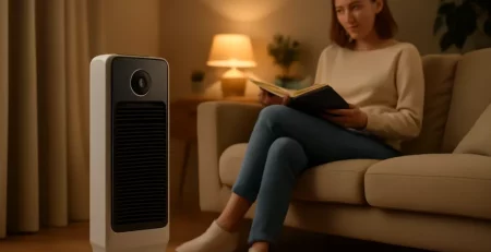Elektrische kachel veilig opgesteld in een nette woonkamer op veilige afstand van gordijnen