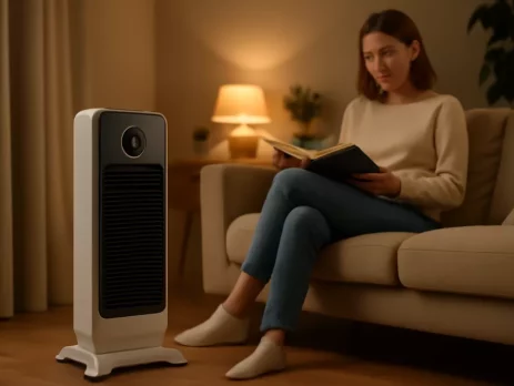 Elektrische kachel veilig opgesteld in een nette woonkamer op veilige afstand van gordijnen