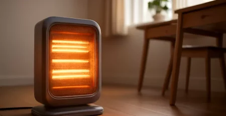 Elektrische kachel in gebruik in een thuiskantoor met warme sfeerverlichting