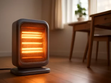 Elektrische kachel in gebruik in een thuiskantoor met warme sfeerverlichting