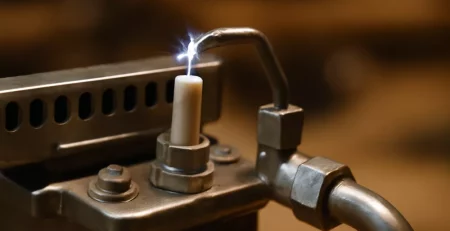 Close-up van een gaskachel ontsteker elektrode bij de brander tijdens inspectie