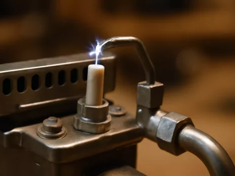 Close-up van een gaskachel ontsteker elektrode bij de brander tijdens inspectie