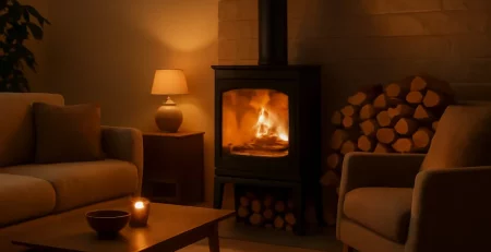 Brandende houtkachel met droog hout ernaast in een sfeervolle woonkamer