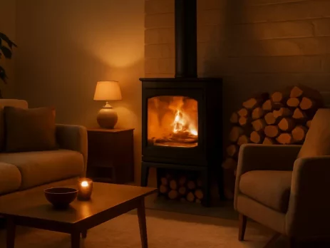Brandende houtkachel met droog hout ernaast in een sfeervolle woonkamer