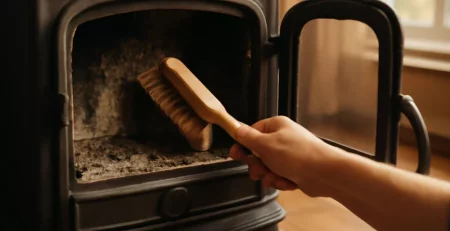 Binnenkant van een houtkachel met roetaanslag die wordt schoongemaakt met een borstel