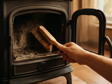 Binnenkant van een houtkachel met roetaanslag die wordt schoongemaakt met een borstel