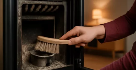 Pelletkachel reinigen: brander en warmtewisselaar schoonmaken met borstel