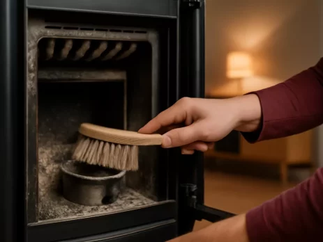 Pelletkachel reinigen: brander en warmtewisselaar schoonmaken met borstel