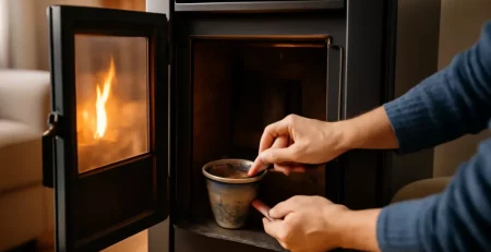 Persoon reinigt de verbrandingspot van een pelletkachel om een storing te verhelpen